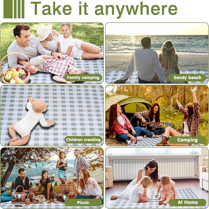 80"x60" Waterproof Sandproof Picnic Mat - Portable Foldable Outdoor Blanket for Beach, Park, Travel & Indoor Use - Lightweight Compact Design, Easy-Carry (Green&White)