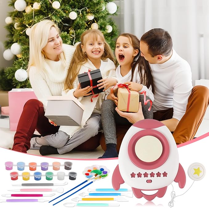 deAO Pottery Wheel for Kids Complete Painting Set for Beginners Mini Pottery Wheel Kit with Air Dry Clay Tools, Arts & Crafts Clay Wheel Toys Birthday Gifts for Girls Boys Age 3+ (Red)