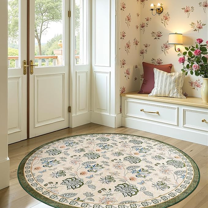 jinchan 6ft Floral Round Rug for Dining Room Washable Living Room Rug Vintage Romance Design Non Slip Indoor Floor Cover Lightweight Low-Profile Throw Carpet for Bedroom Porch Patio, Green/Beige