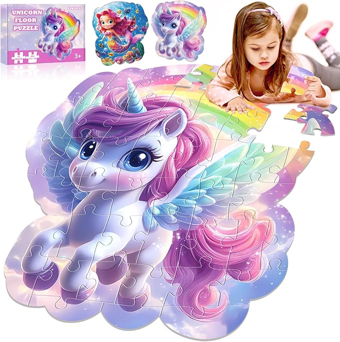 45pcs Unicorn & Mermaid Double-Sided Floor Puzzles, Ages 3-8, 27.6x32 In, Waterproof, EVA Material, Jumbo Jigsaw Puzzle, 1 Set of 45 Pieces
