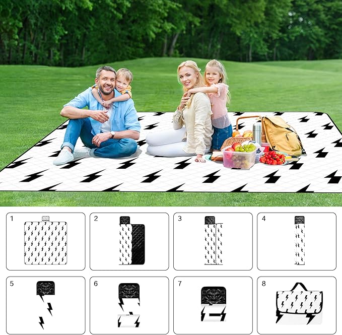 79''x79'' Extra Large Picnic Blankets, Waterproof Sandproof Foldable Outdoor Picnic Mat, Portable 3-Layer Fabric Beach Blanket for Camping, Park, Travel, Family Friends-Stylish Lightning Pattern