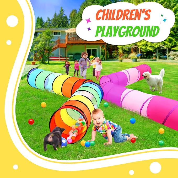Kids Play Tunnel Tent for Toddler, 2 Pack 6-ft Pop Up Crawl Tunnel Toy for Baby Children or Dog Cat, Collapsible Gift for Boy and Girl Play Tunnel Indoor Outdoor Game (Rainbow Tunnel+Pink Tunnel)