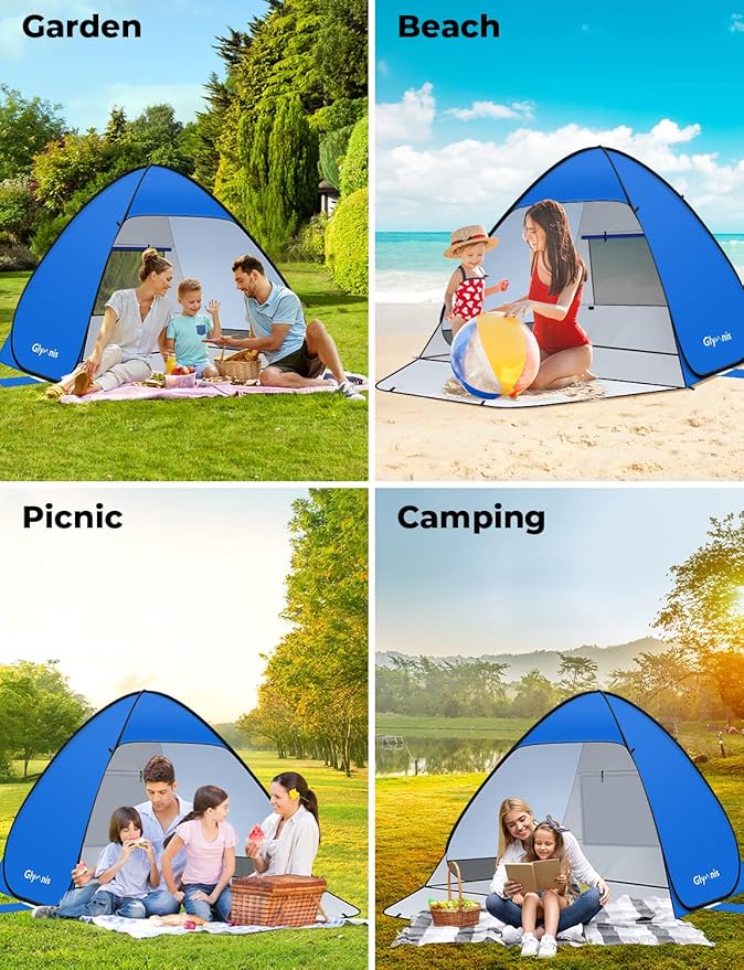 Glymnis Pop Up Beach Tent Beach Shade Tent for 1-4 Persons Sun Shelter UPF 50+ Enclose Zipper Door Portable Easy Up Beach Tent