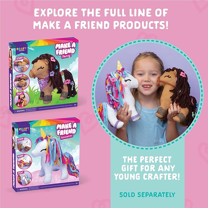 Craft-tastic - Make a Friend Unicorn - Mini Sewing Kit, Arts and Crafts, Kids Crafts, Craft Kit Makes 1 Easy-to-Sew Stuffie with Accessories, Bonus Travel Tote Included Ages 6+