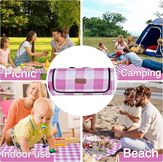 HX&OD Outdoor Picnic Blanket, Extra Large, 80''x60'' Waterproof Foldable Blankets Gingham Picnic Mat for Beach, Camping Grass Lawn Park Accessories Cute Couple Ideas Wedding (Pink, 80”x60”)