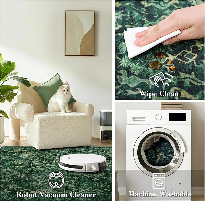 Deerly Dark Green Area Rugs 9x12 for Living Room Soft Non-Slip, Large Bedroom Rug Vintage Dining Room Rug Tribal Farmhouse Carpet for Dining Room Office Green