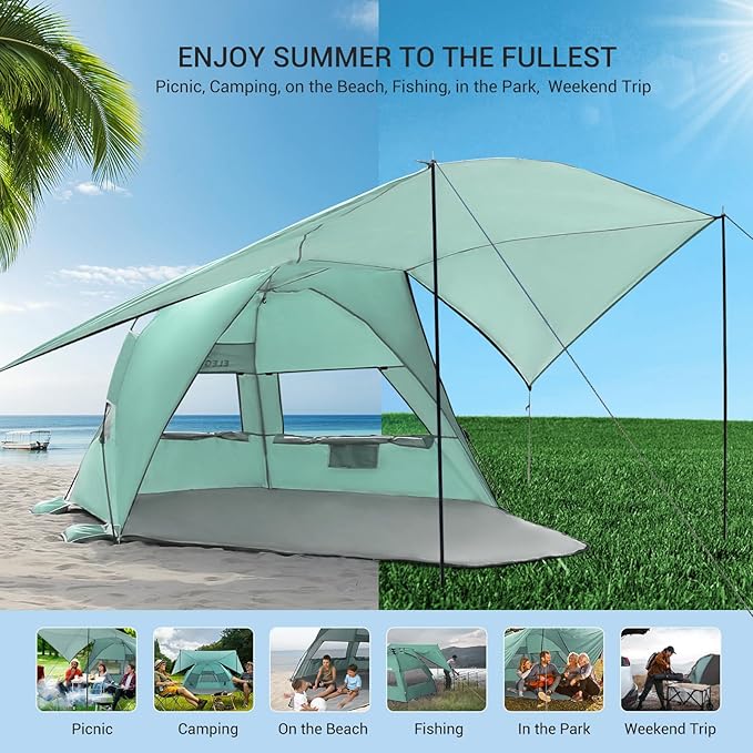 Elegear Beach Tent with Canopy, 1-Second Setup Pop Up Sun Shelter Shade, UPF 50+ UV Protection Silver-Coated Lightweight Portable Beach Cabana