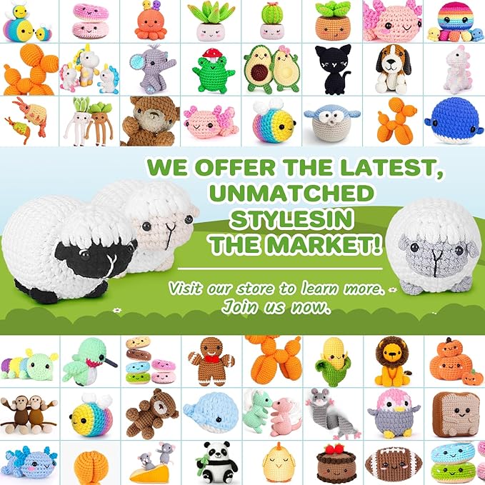 Crochet Kit for Beginners, Crochet Starter Kit with Step-by-Step Video Tutorials, Amigurumi Crochet DIY Knitting Supplies for Adults Kids, 3-Pack Little Lambs (40%+ Yarn)