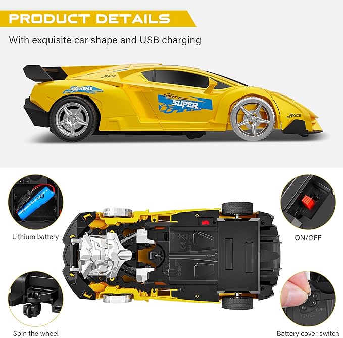 KKONES Remote Control Car, Toy for 3-8 Year Old Boy, 360° Rotating RC Deformation Robot Car Toy, Transform Robot RC Car Age 3 4 5 6 7 8-12 Year Old Boys Girls Birthday Gift (Yellow)