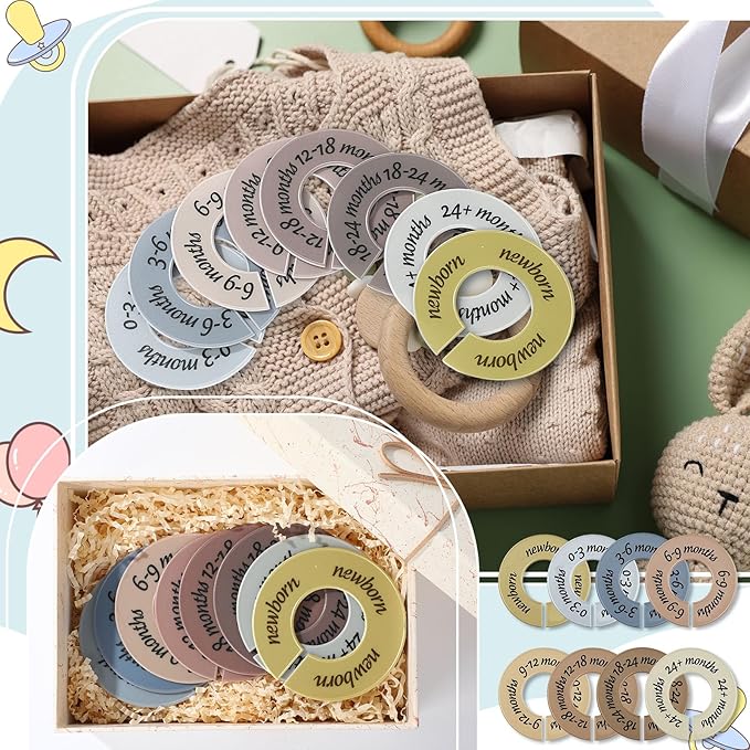8 Pcs Baby Closet Dividers Unisex Baby Clothes Organizers Clear Labels for Nursery Closet Organizer & Decor Nursery Fits Most Rods(Natural,Earth Stone Color)