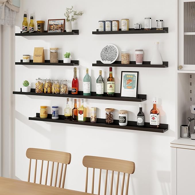 Axeman Picture Ledge Shelf, Floating Shelves for Wall Decor Storage Set of 6, 55 inch Floating Wall Mounted Shelves, Wall Shelves with Lip for Living Room, Bedroom, Nursery, Bathroom, Kitchen, Black