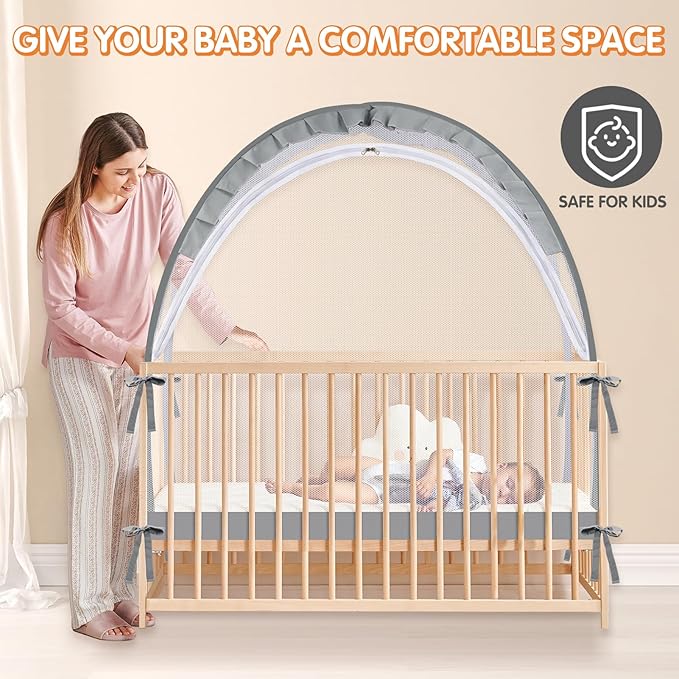 Crib Tent to Keep Baby from Climbing Out - Crib Net to Keep Baby in - Pop Up Breathable Cribs Cover - Canopy with Upgrade Strong Mesh and Durable Zipper (Grey, Lager)