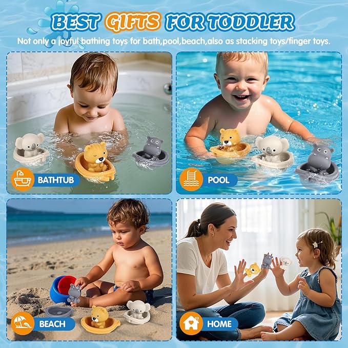 Bath Pool Toys for Toddler, Stacking Toys with 3 Boat 3 Sensory Finger Puppets, Toddler Toys Gifts for 2-4 Year Old Boy Girl, Model B
