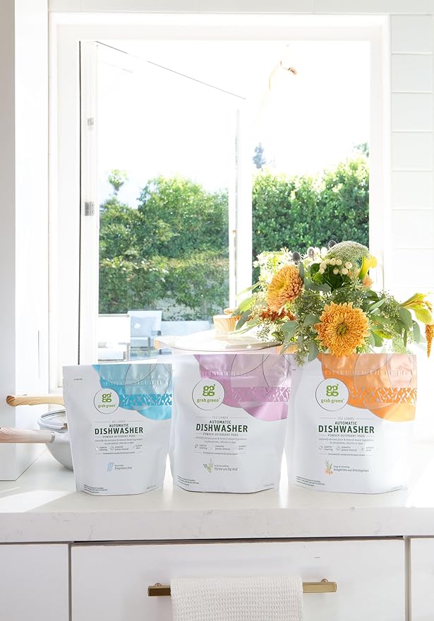 Grab Green Automatic Dishwashing Detergent Pods, 24 Count, Fragrance Free, Plant and Mineral Based, Superior Cleaning, Powerful Grease Removal, Brilliant Shine, Packaging May Vary