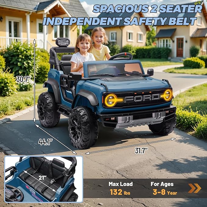ENYOPRO 2 Seater Ride On Car for Kids, 24v Licensed Ford Bronco Raptor Electric Power Ride On Truck Toy with Remote Control, 4 Wheels Shock Absorption, Soft Start, Bluetooth, Radio, 3 Speed - Blue