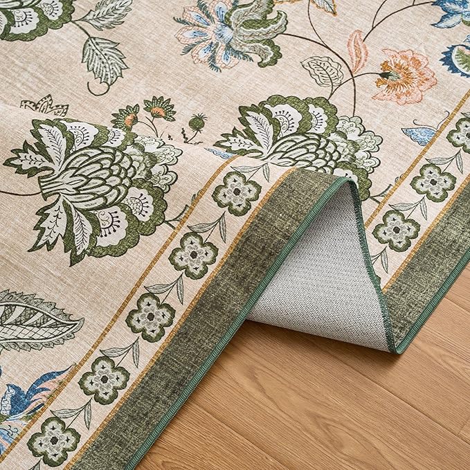 jinchan Floral Corner Rug for Entryway Washable Kitchen Rug Vintage Romance Design Non Slip Quarter Circle Lightweight Low-Pile Throw Carpet for Playroom Reading Nook Nursery, 4ft Radius, Green/Beige