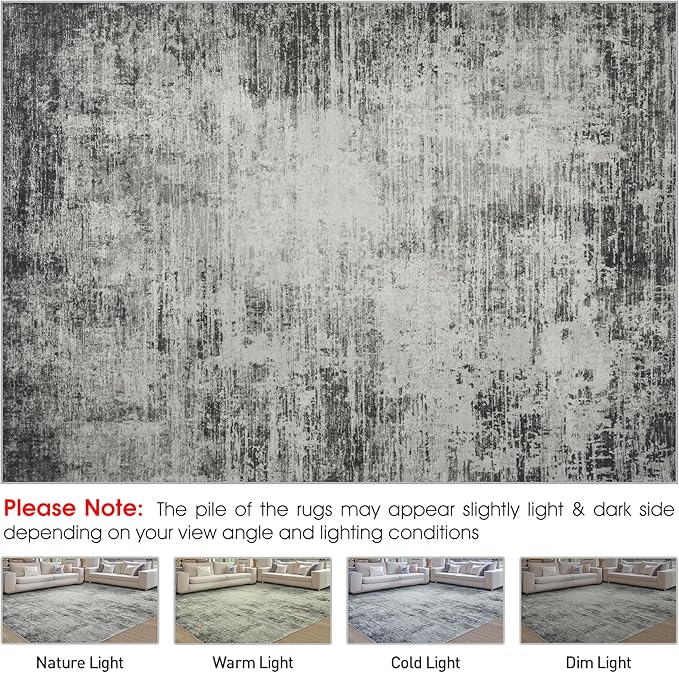 Area Rugs 8x10 Living Room Rugs: Modern Abstract Washable Rug with with Non-Slip Backing, Stain Resistant Indoor Floor Large Carpet for Bedroom Dining Room Table Nursery Hallway Home Office-Black/Gray