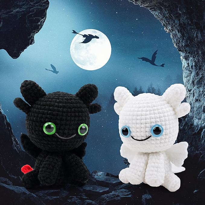 Dragon Crochet Kit for Beginners, 2PCS Black and White Dragon Crochet Animal Kit with Step-by-Step Video Tutorials, Crocheting Kits, Crochet Starter Kit for Kid and Adult, Stuffed Animal Knitting Kits