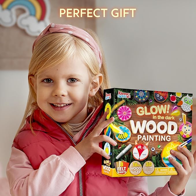 Klever Kits Wooden Painting Craft Kit-Glow in The Dark- Arts and Crafts for Kids Ages 6-12 Wood Slices with Art Activitiy Supplies, Wood Crafts for Boys Girls Party Gift Christmas Tree Ornaments