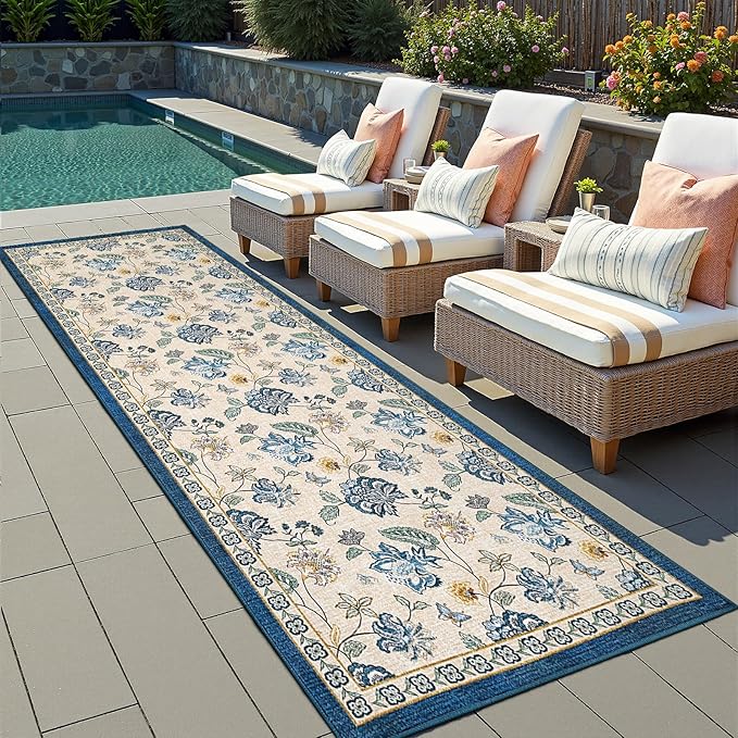 jinchan 3x10 Floral Runner Rug for Hallway Washable Kitchen Runner Vintage Romance Design Non Slip Thin Indoor Floor Cover Low-Profile Throw Carpet for Entryway Bathroom Bedroom Porch, Blue/Beige