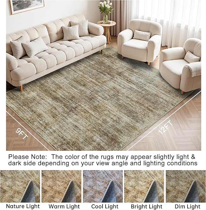 Area Rug 9x12 Washable Rugs: Abstract Large Living Room Rugs with Non-Slip Backing, Thin Carpet for Dining Room Table Bedroom Nursery Indoor Home Office-Brown