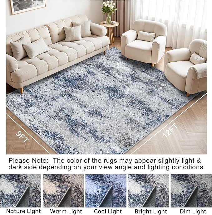 Area Rug 9x12 Washable Rugs: Abstract Large Living Room Rugs with Non-Slip Backing, Stain Resistant Indoor Floor Carpet for Bedroom Dining Room Table Nursery Hallway Home Office Blue/Gray/Black