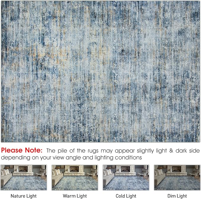 Area Rug 9x12 Washable Rugs: Abstract Large Living Room Rugs with Non-Slip Backing, Thin Carpet for Dining Room Table Bedroom Nursery Indoor Home Office-Blue Brown
