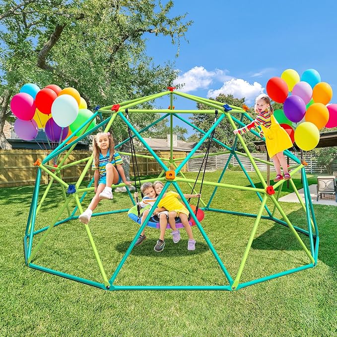 Hapfan 10 ft Climbing Dome Swing Set with Saucer Swing, Jungle Gym for Kids Outdoor Backyard, Supports 800lbs, Easy Asssembly, Rust-Resistant Outdoor Playset for Ages 3-8 8-12