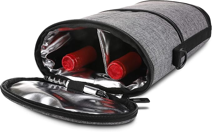 ALLCAMP 2 Bottle Wine Tote Carrier - Insulated Portable Padded Canvas Wine Bag for Travel, BYOB Restaurant, Wine Tasting, Party, Great Christmas Day Gift for Wine Lover,Gray