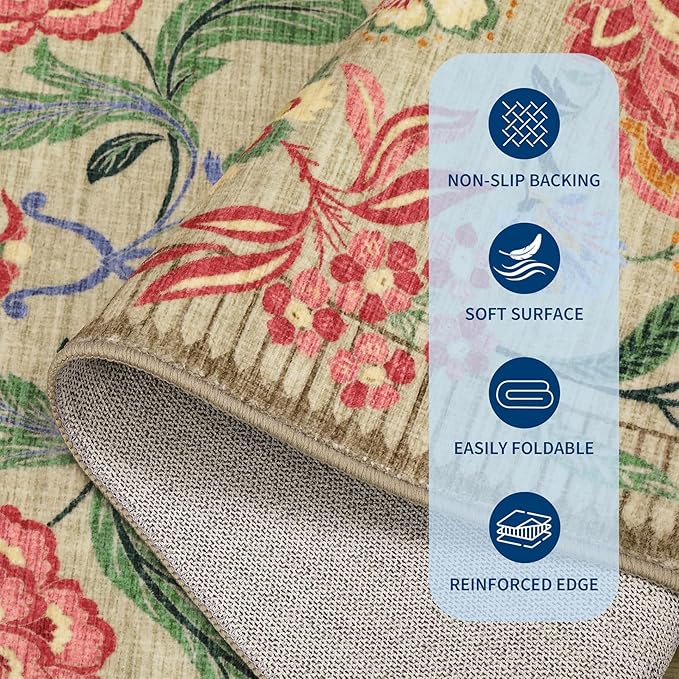 GarveeHome Floral Botanical Washable Rugs 5x7 Area Rug for Living Room, Camel Taupe Brown Vintage Boho Cottage Throw Rugs Low Pile Carpet for Bedroom Dining Nursery Rug