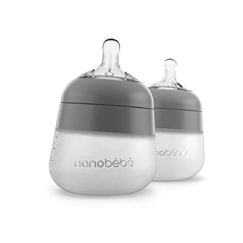 Nanobebe Flexy Silicone Baby Bottle, Anti-Colic, Natural Feel, Non-Collapsing Nipple, Non-Tip Stable Base, Easy to Clean 2-Pack, Gray, 5 oz