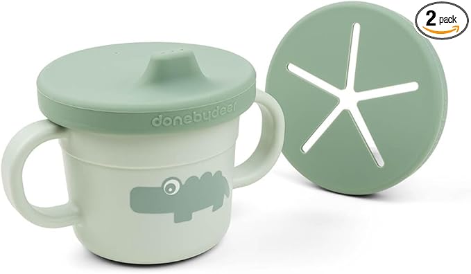 Done by Deer Foodie Spout & Snack Cup Croco Green – Spill-Proof Toddler Cup with Soft Silicone Lid – Durable, Easy to Clean, and Perfect for 6-Month-Olds