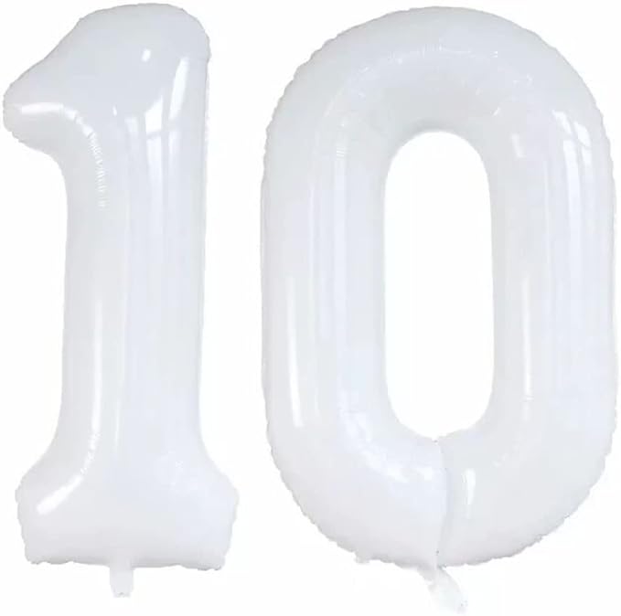 GOER Number 10 Balloons for 10th Birthday Party Decorations,42 Inch Jumbo Foil Helium Balloons for 10th Anniversary (White)