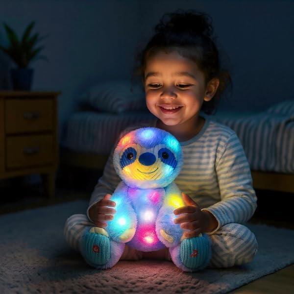 Cuteoy Light-up Singing Plush Blue Sloth LED Musical Stuffed Animal Adjustable Volume Lullaby Plushies Birthday Christmas Toy Gifts for Kids Toddler Girls, 13"