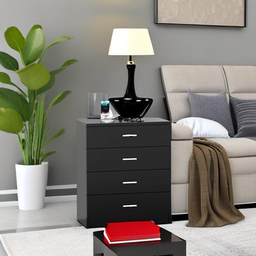 Dresser with Power Outlets Wooden 4 Drawer Dresser with USB and Type C Port Chest of Drawers for Bedroom Tall Black Organizer Storage for Living Room Hallway Closet