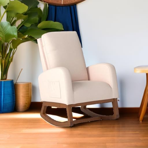 Dolonm Rocking Chair Mid-Century Modern Nursery Rocking Armchair Upholstered Tall Back Accent Glider Rocker for Living Room (Beige)