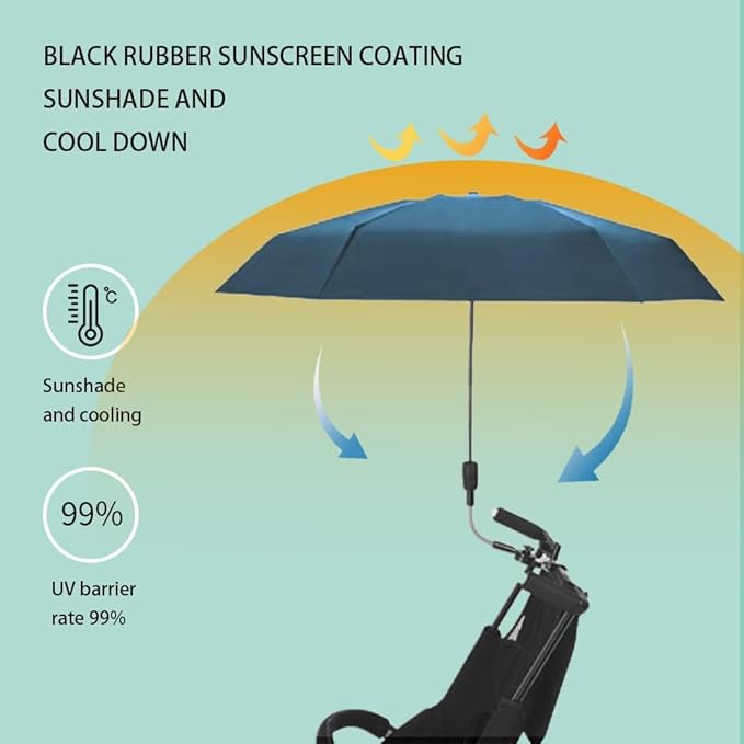 Clip-on Umbrella for Stroller Sunshade, Adjustable Steering Angle, Handle Included, Compact and Lightweight, Suitable for All Kinds of Strollers