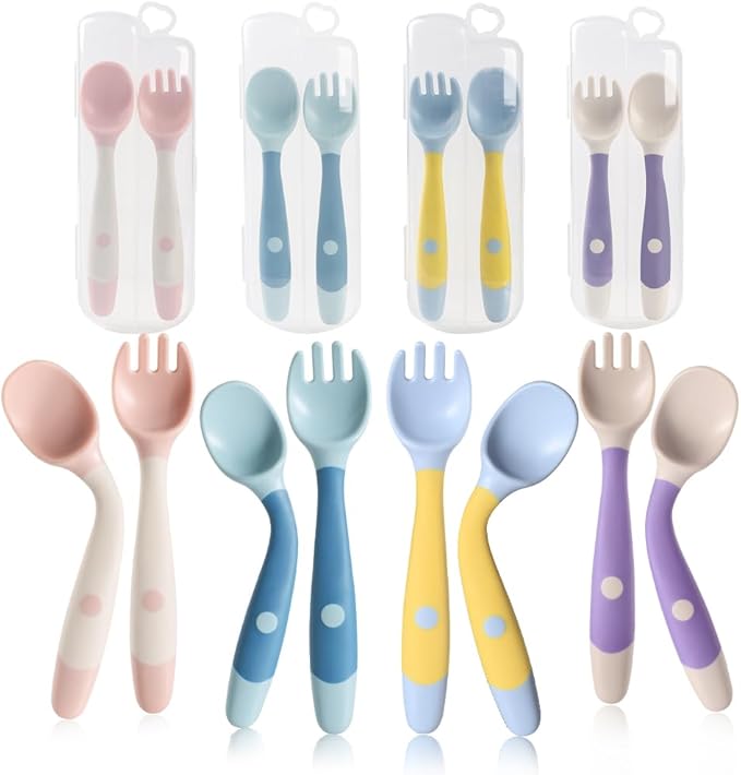 Baby Utensils Spoons and Forks Set Bendable Self-Feeding Silverware for Toddler Children with Travel Case Gum Friendly Food Grade (4 Set)