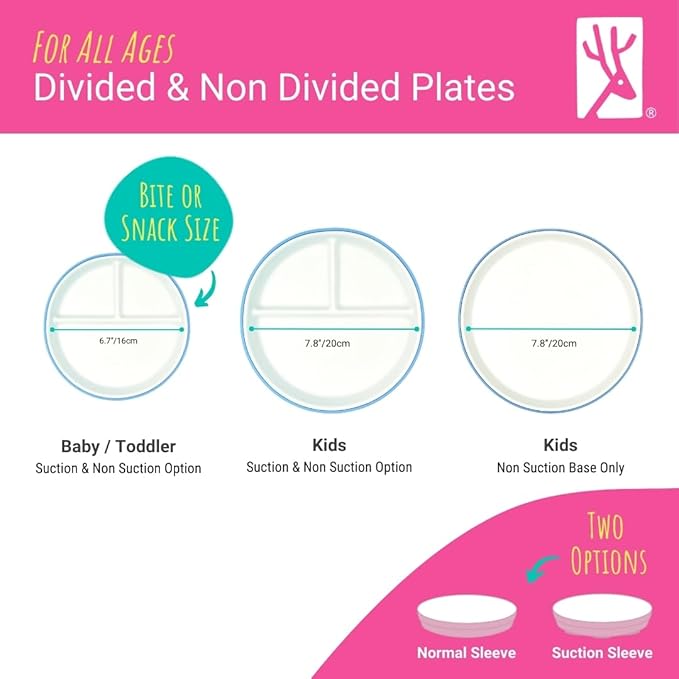 Elk and Friends Kids 7.8” Porcelain White Plates with Silicone Sleeves + Lids | Divided Plates | Suitable for Kids/Toddlers | Microwave & Dishwasher Safe | Non Slip | Snack Dishes…