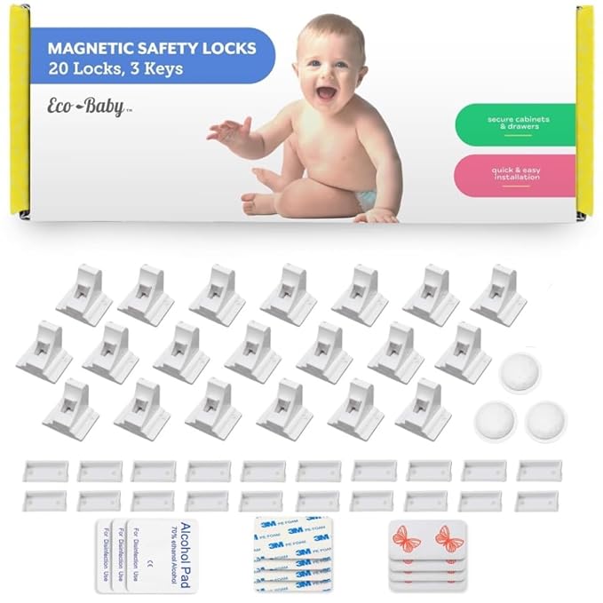 Eco-Baby Magnetic Cabinet Locks for Babies - Keyless, White, 20 Pack and 3 Keys