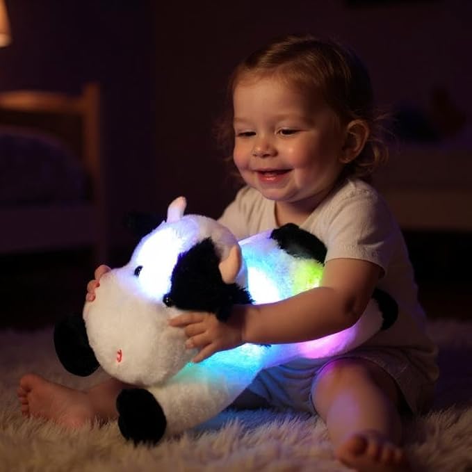 Cuteoy Glowing LED Cow Light-up Nightlight Toys Musical Plush Stuffed Animal Soft Singing Lullabies Birthday Christmas Plushies Gifts for Kids Boys Girls,15.5"