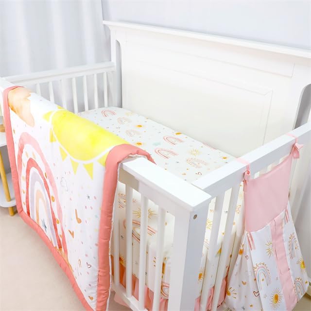 4-Piece Crib Bedding Set for Girls, Includes Comforter, Fitted Crib Sheet, Crib Skirt, and Diaper Stacker, Pink Rainbow