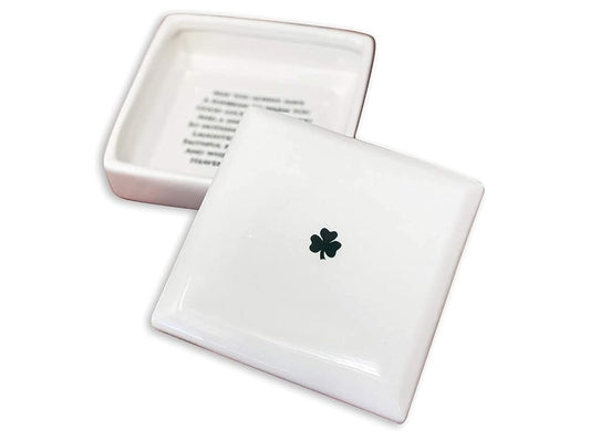 Baptism Gift, First Communion Gift, or Confirmation Gift – Square Ceramic Keepsake Box with Irish Blessing and Shamrock in Green