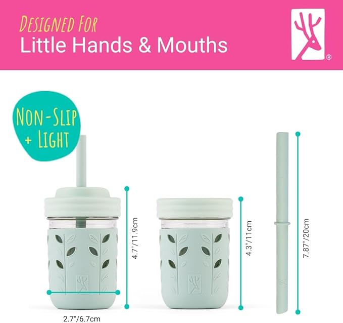 Elk and Friends Kids & Toddler Cups | The Original Glass Mason jars 8 oz with Silicone Straws with Stoppers | Smoothie Cups | Spill Proof Sippy Cups for Toddlers | 4 Pack