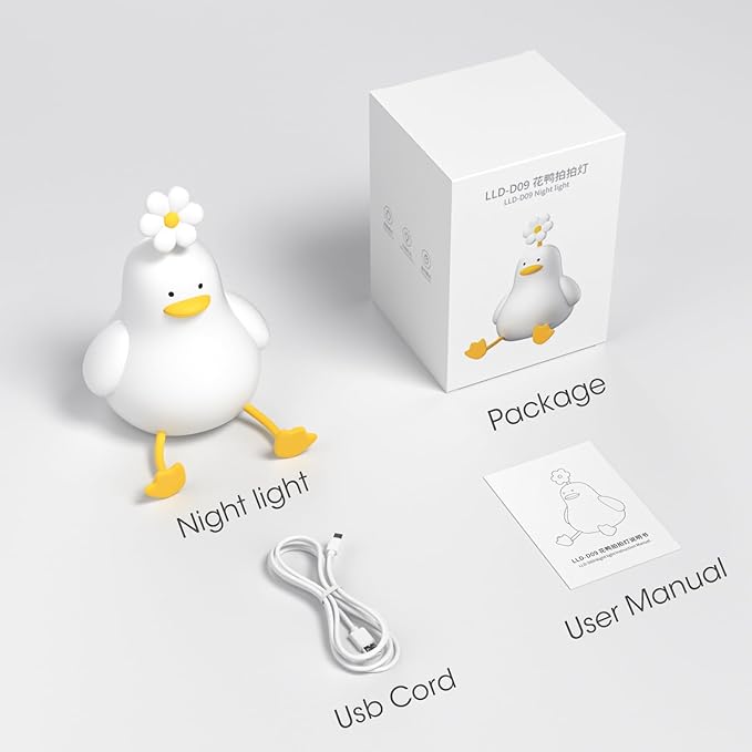 Cute Duck Night Light for Baby, Kids, Toddler, Ambient Nursery Nightlight, Soothing Lamp 3 Level Dimmable, Sleeping Accompanion for Bedroom Bedside, Rechargeable Battery, 30 Min Timer Off