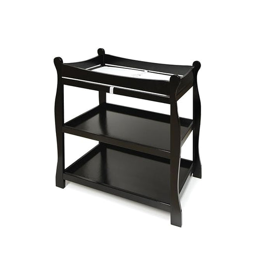 Badger Basket Sleigh Style Baby Changing Table - Nursery Diaper Station with Safety Rails, Foam Pad, and Two Storage Shelves - Nursery Organizer - Black