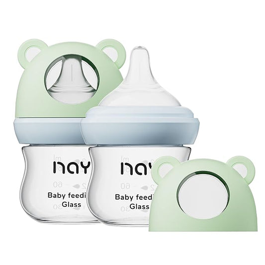 Natural Glass Baby Bottle for Breastfeeding Babies, 3oz Newborn Anti-Colic Baby Bottle with Slow Flow Nipples (SS), Clear, Wide Neck, 2 Pack, 0 Months+