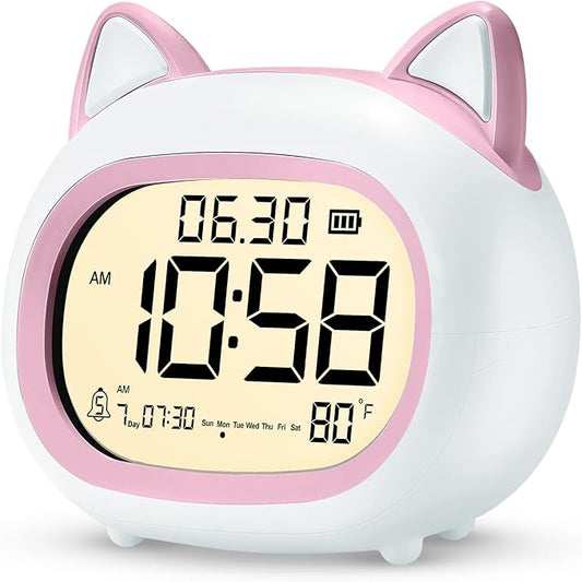 Kids Alarm Clock with Night Light for Kids, Small Digital Alarm Clocks for Bedrooms, Routine Builder, Cute Cat Alarm Clock with Sleep Training, Snooze, 12/24H, Date & Day, Temperature, USB Port