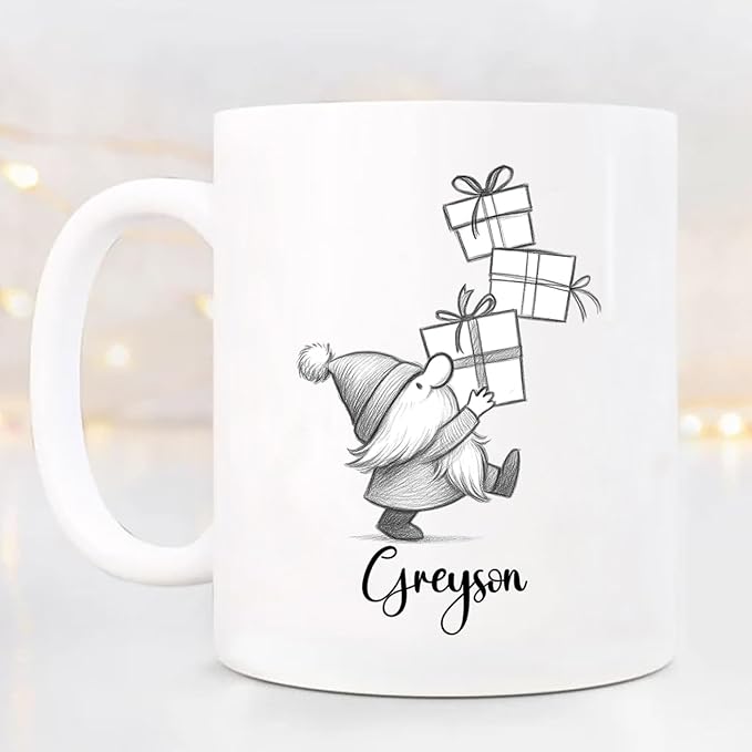 Cute Gnome With Box Accent Mug Cup Gift, Personalized Choose Name Gnome Ceramic Teacup 11 Oz 15 Oz, Unique Coffee Mug Gift For Gnomes Lover Kids Child Birthday, Custom Gnomes White Travel Mugs Gifts