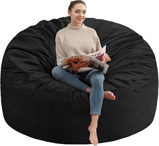 6FT Bean Bag Chair, Large Bean Bag Chairs with Memory Foam Filled, Fluffy Beanbag Sofa with Dutch Velvet Cover, Round BeanBag Chairs for Living Room, Playroom - Black